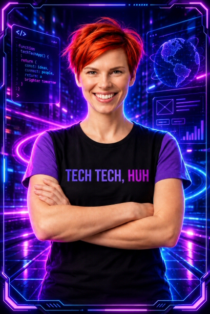 Maya, personagem de cabelo vermelho em cenário tecnológico neon